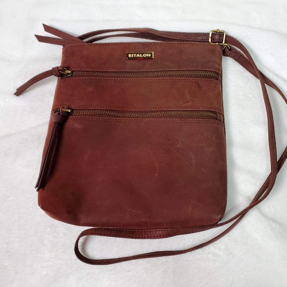 Estalon Bohemian Leather Crossbody Bag Purse Distressed Dark Brown Casual